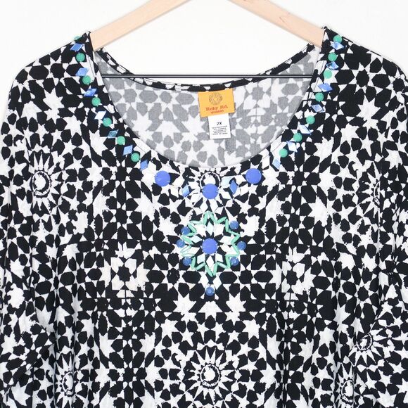 Ruby Rd. Womens Stretch Top Plus Size 2x Black White Geometric Embellished Flowy - Picture 5 of 8